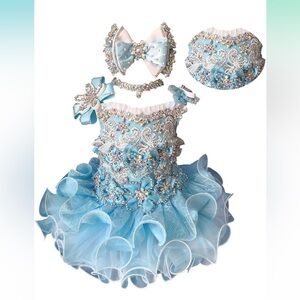 Baby blue and white ruffle pageant cupcake dress  (no choker) & matching bow